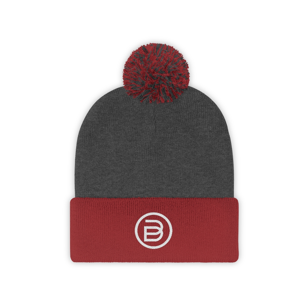 BD Logo wht – Pom Pom Beanie Red/Graphite Heather | BD Swag Store